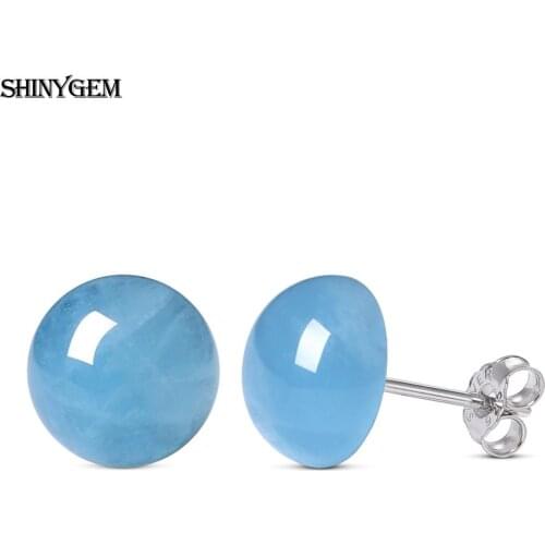 ShinyGem Fashion 8*8mm Elegant Sky Blue Round Aquamarine Stud Earrings Handmade Silver Needle Natural Stone Earrings For Women