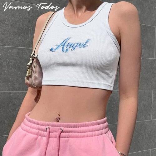 Vamos Todos 2021 Summer Angels Print Crop Tank Tops For Women Casual Sports Cute Top GYM Fitness White Corset Top Women Clothes