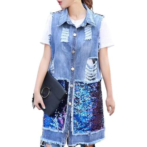 Spring Korean Fashion Sequins Hole Ripped Vintage Cowboy Vest Long Loose Denim Jacket Coat Plus Size