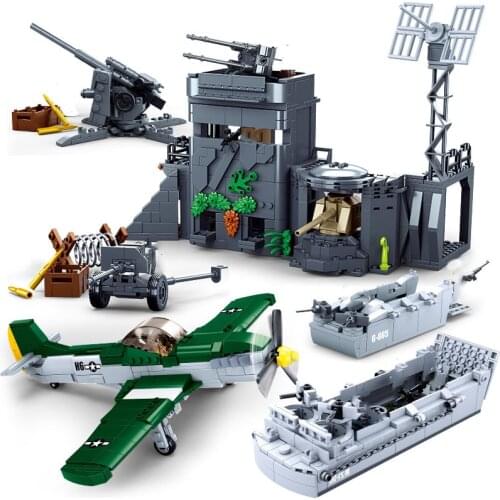 Military Series WWII Beach Defense Fortress Landing Craft Tank Armored Vehicle Fighter Building Blocks Bricks Toys Gifts