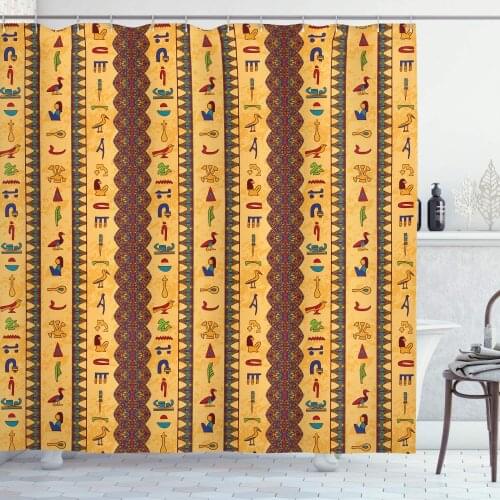 Multicolor Egyptian Print Shower Curtain Hieroglyphs and Floral Geometric Ornament Border Aged Paper Style Backdrop