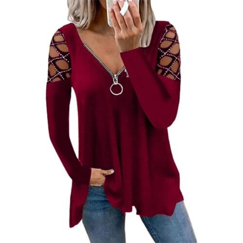 Hollow Out Sleeve Women T-shirt Hot Drilling Zipper V Neck Autumn 2021 Tee Shirts Solid Color Loose Pullover Tshirt Top