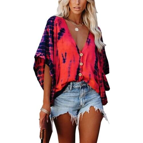 Women Shirt Batwing Sleeve Tie Dye Casual V Neck Loose Shirt Tie dye printing women summer shirt Blouses batwing sleeve shirt