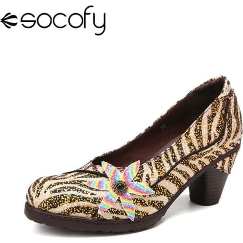 SOCOFY Women Colorful Heel Pumps Flowers Decor Gorgeous Dotted Decor Comfy Wearable Outdoor Casual Slip On Chunky Heel Pumps