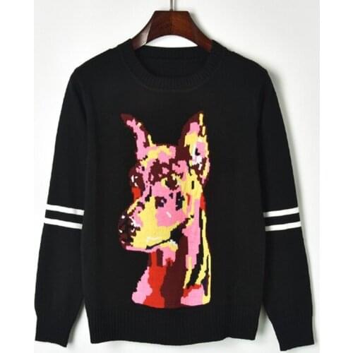 Pull Femme 2018 New Fashion Dog Head Jacquard Black O-neck Casual Cotton Wool Jumper Women Pullover Knitted Sweater Tops