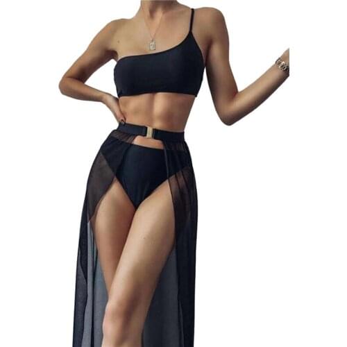 Meihuida 3 Pcs Women Bathing Outfits Adults Solid Color One Shoulder Bikini Top with Chest Pads + Thong + See-through Sarong