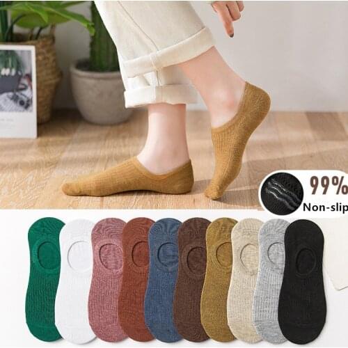 5 Pairs/Set Women Silicone Non-slip Invisible Socks Solid Color Ankle Boat Socks Female Soft Cotton Slipper Socks No Show Socks