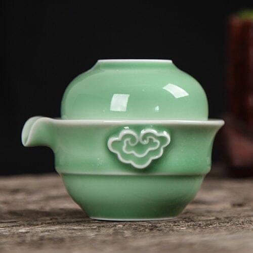 [GRANDNESS] Zhejiang Ge Di Longquan Celadon Porcelain Tea Set Include 1 Pot and 1 Cup Kung Fu Tea Set Include 1 Pot 1 Cup Gaiwan