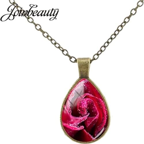 JOINBEAUTY Rain and Dew Rose Flower Pattern Tear Drop Necklace Glass Handmade Girl Vintage Chain Engagement Love Jewelry RS01