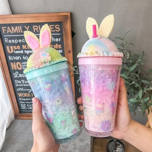 Creative Ice Cup Korean Girl Heart Rabbit Straw Cup Iced Crushed Ice Plastic Water Cup Cute Water Bottle with Straw Eco Friendly