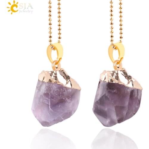 CSJA Gold-color Natural Purple Crystal Quartz Necklaces & Pendants for Women Men Irregular Gem Stone Reiki Chakra Jewellery E641