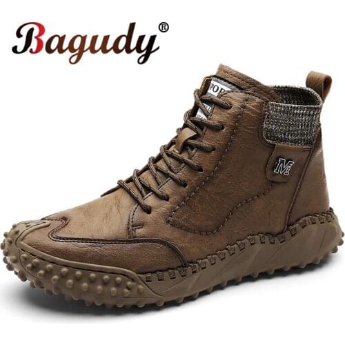 Fashion Lace-Up Winter Mens Boots Leather Plush Warm Men Snow Boots Outdoor Men Boots Motorcycle Boots Young Casual Ankle Boots