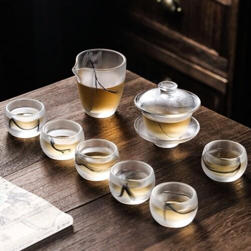 8 Piece Set China Ink Glaze Teacup Heat-resistant Glass Thickened Master Cup Bowl Kungfu Tea Maker Tea Ceremony Fine Gift
