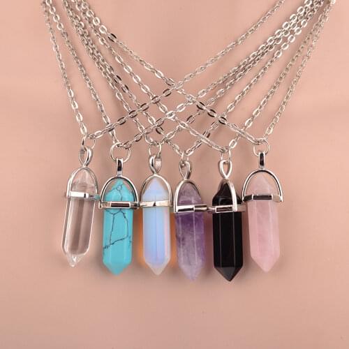 New Hexagonal Cylindrical Quartz Pendant Necklace Female Fashion Natural Stone Pink Crystal Chain Necklace Wedding Party Gift