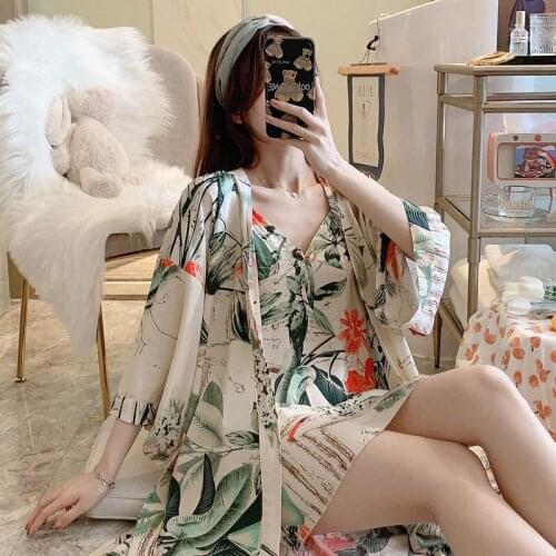 2021 Cotton Satin Pajamas Set Women Spring Fall Rayon Sleepwear With Chest Pad Sexy V-Neck Sling Nightdress+Cardigan Sleepwear