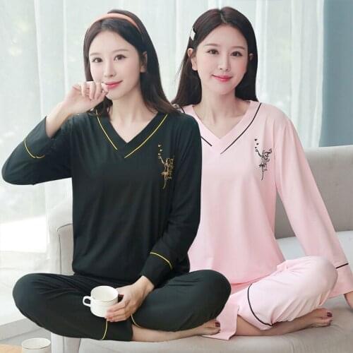 2020 Autumn Long Sleeve V-neck Pajama Sets Women Korean Thin Sleepwear Suit Pyjama Loungewear Homewear Pijama Mujer Home Clothes