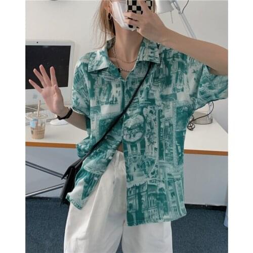 QOERLIN Printed Blouse Short Sleeve Loose Casual Shirts Streetwear Fashion Oversize Tops Womens Clothing Summer 2021 Harajuku