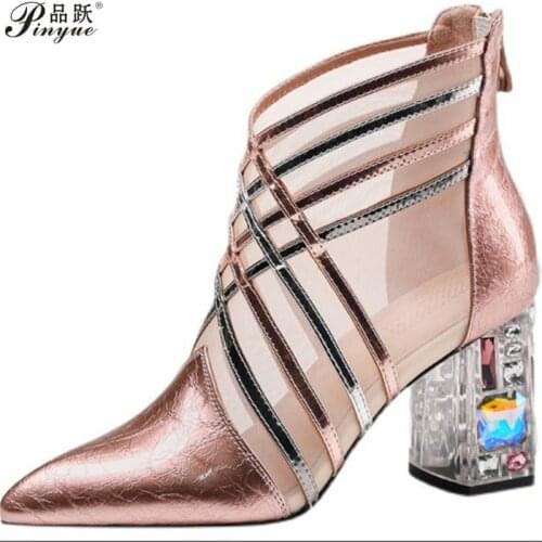 Size 34--40 Sexy Mesh Sandals Boots Women Rhinestone Summer Heels Pointed Toe Cowhide Leather Shoes Back Zip Female Footware