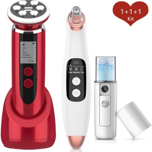 RF EMS LED Light Facial Massager Skin Tightening Mesotherapy+Blackhead Remover Acne Pore Cleaner+Facial Steamer Nano Sprayer