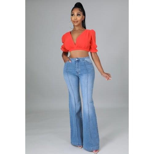 RMSFE 2021 Ladies Button Zipper Fashion Casual Personalized Elastic Flared Pants Folding Simple Jeans