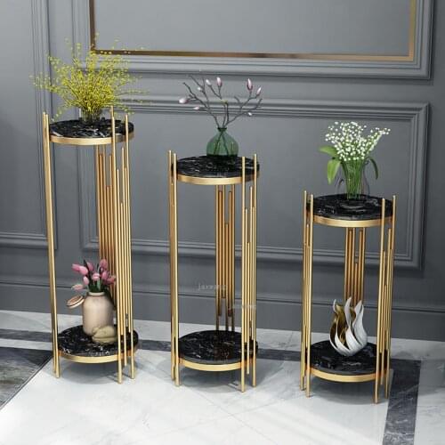Nordic Luxury Flower Storage Rack Marble Metal Wrought Iron Floor Standing Shelf Modern Home Indoor Living Room Flower Pot Shelf