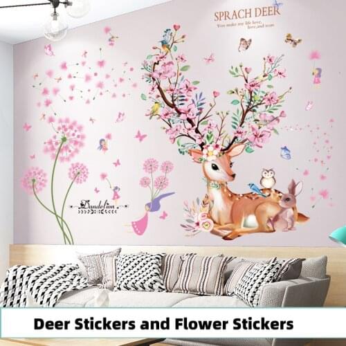 [SHIJUEHEZI] Deer Rabbit Animal Wall Stickers DIY Dandelions Flowers Wall Decals for Kids Rooms Baby Bedroom Home Decoration