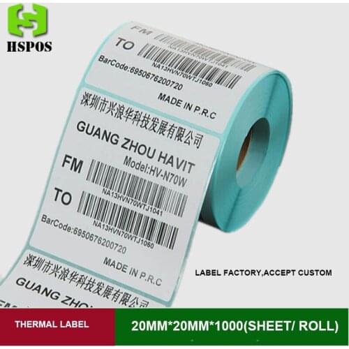 Thermal printer label sticker paper 20mmx20mm 1000pcs one roll single row self adhesive printing papel can customized logo
