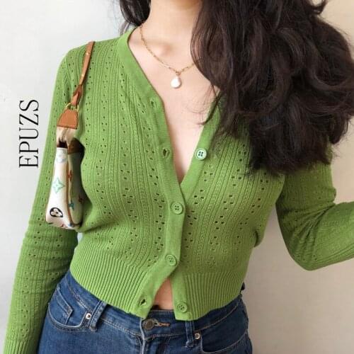Vintage long sleeve Knitted Cardigan women buttons bgreen black sweater women casual korean sweater