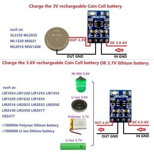 3V 3.6V NI-MH Ni-CD Li-ion Polymer Coin Cell Rechargeable lithium battery Charger for VL2330 ML2032 1220 LIR2016 2025 2032 2050