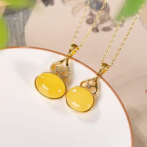 S925 sterling silver gold plated Natural Amber Beeswax Pendant Retro Fu Lu Gourd Temperament Womens pendant