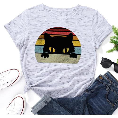 Women Short Sleeve Cotton T-Shirts Animal Black Cat Graphic Tees Summer Tee Tops for Female Loose Casual Oversized Tee Clothes