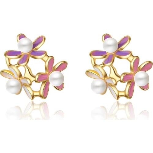 Hot Sale Jewelry Temperament 925 Sterling Silver Color Epoxy pearl Flower Earrings For Women pendientes oorbellen