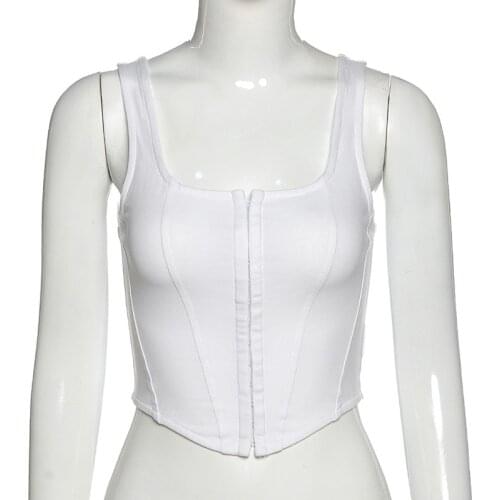 2021 Summer Women Sleeveless Corset Asymmetry Crop Tops Low-Neck Button Solid Fashion Casual Streetwear Female Camisole Vest