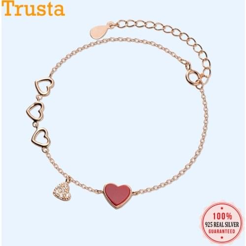 Trustdavis Genuine 925 Sterling Silver Sweet Hollow Love Red Heart CZ Bracelet Bangle For Women Sterling Silver Jewelry DA813