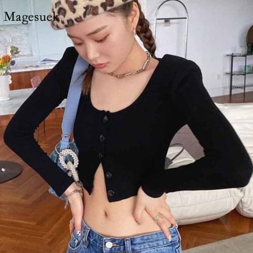 Women Long Sleeve Solid Black Knitted Bottoming Short Tops O-neck Cardigan Exposed Clavicle Shoulder Pads Slim Blouses 11911