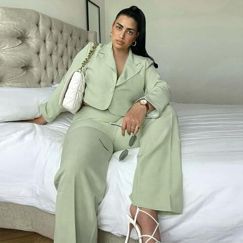 Hot Sale 2021 New Women Sets Spring Autumn Long Sleeve Buttons Up Crop Blazer Wide Leg Long Trouser Office Lady 2 Piece Outfits