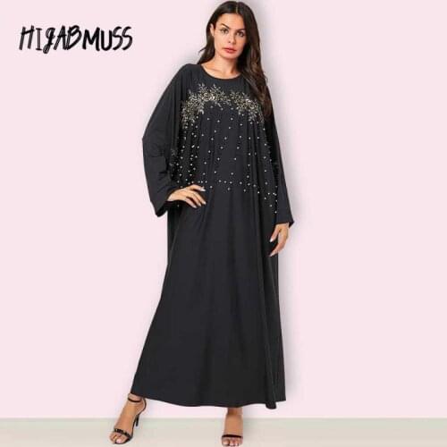 Muslim Summer Dress Oversized Size Temperament Womens Black Embroidered Beaded Long-sleeved Round Neck Casual Long Skirt