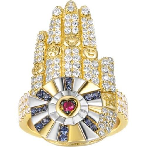 SLJELY Luxury 925 Sterling Silver Yellow Gold Color Hamsa Hand Lucky Palm Rings Micro Cubic Zirconia Stones Fine Women Jewelry