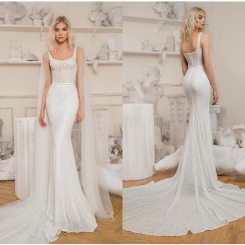 2020 Fashion Wedding Dresses Scoop Neck Applique Lace Mermaid Bridal Gowns Custom Made Backless Sweep Train Wedding Dress