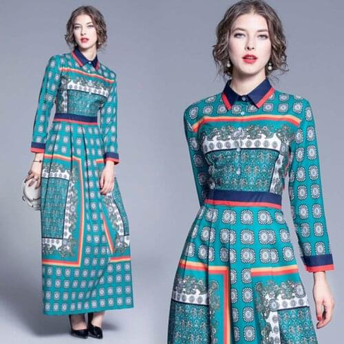 England Style European and American Fashion Gothic Vintage Long Sleeve Shirt Dress Elegant Office Lady Design Print Maxi Dress