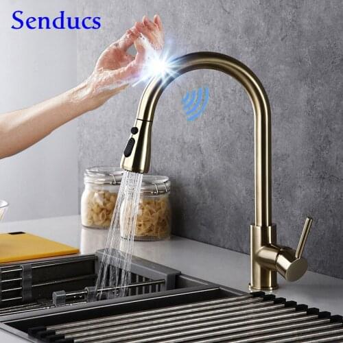 Gold Touch Kitchen Faucet Senducs Pull Down Kitchen Sink Faucets Smart Touch Sensor Kitchen Mixer Tap Brushed Gold Mixer Faucet