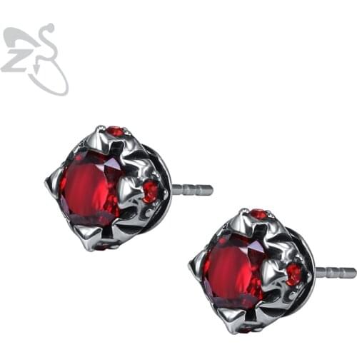 ZS Red Cubic Zirconia Stud Earrings for Men Women Punk Stainless Steel Jewelry Hip Hop Ear Piercing Jewellry Accessories 2018
