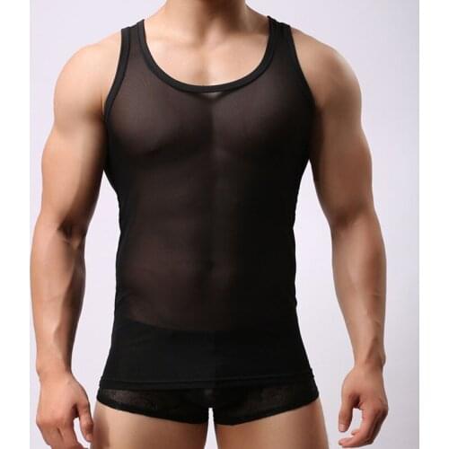 2021 Mens Sheer Undershirts/Man Ice Silk Mesh See through Basics Shirts/Gay Sexy Fitness Bodybuilding Underwear y2k Top Tank