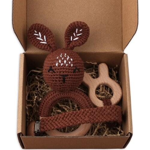 3pcs Baby Teether Wooden Teething Toys Mobile Pram Crib Ring Crochet Bunny Rattle Soother Pacifier Chain Clips Baby Stuff