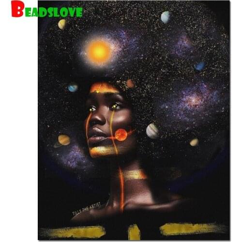 Planet african black woman diamond embroidery full square round 5d diy diamond painting cross stitch rhinestone pictures