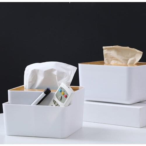 Bamboo Cover Plastic Tissue Box Holder Multifunctional Kitchen Desktop Draw Paper Storage Organizer Office Home Table Napkin Box