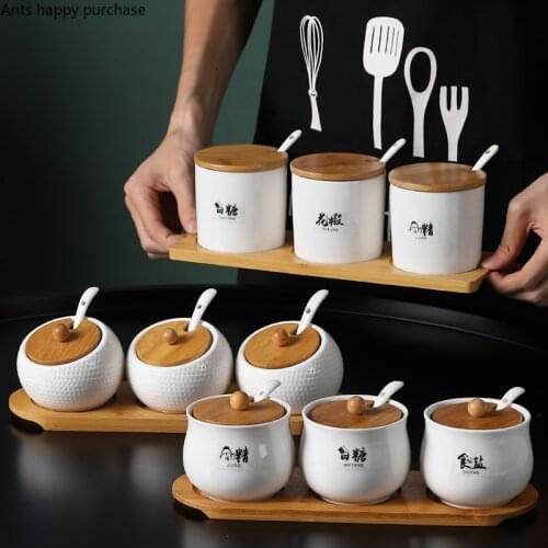 White Spice Box Combination Ceramics Spices Storage Container Home Kitchen Organize Supplies Spice Jar Four-piece Suit with Base