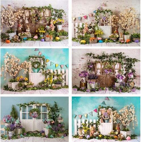 Spring Flowers Rabbit Eggs Easter Wood Door Photography Backdrops Children Birthday Photographic Studio Photo Backgrounds Props