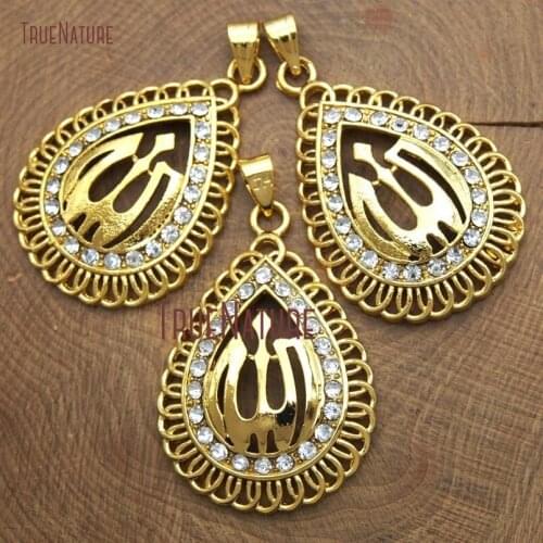 Islamic Pave White Rhinestone Allah Gold Plating Tear Drop Pendant Copper Pendant 46x28mm PM12340