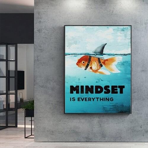 Mindset Is Everything Motivational Canvas Painting Modern Poster Prints Shark Fish Wall Art Picture for Living Room Home Decor